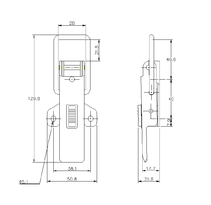 Toggle latch, steel, L=129,8, B=50,8, H=21,8, not adjustable