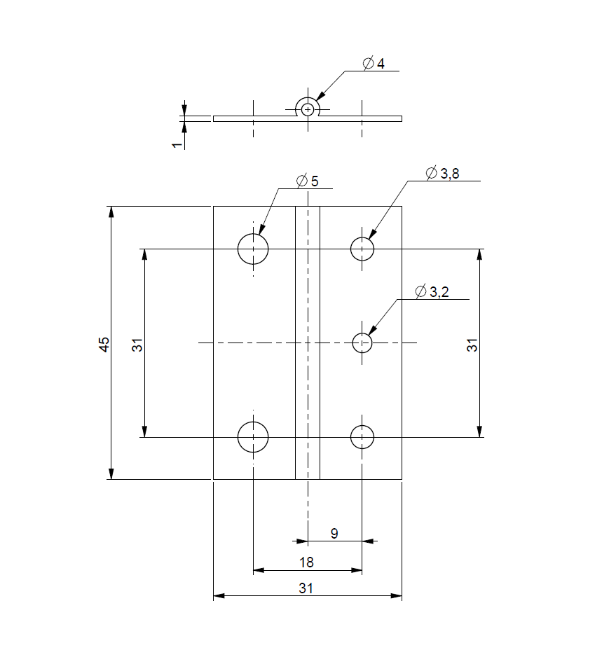 Butt hinge w/holes, stainless steel, L=45, B=31, T=1