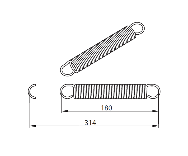 Extension spring, stainless steel, d=3,2mm, Lo=180mm