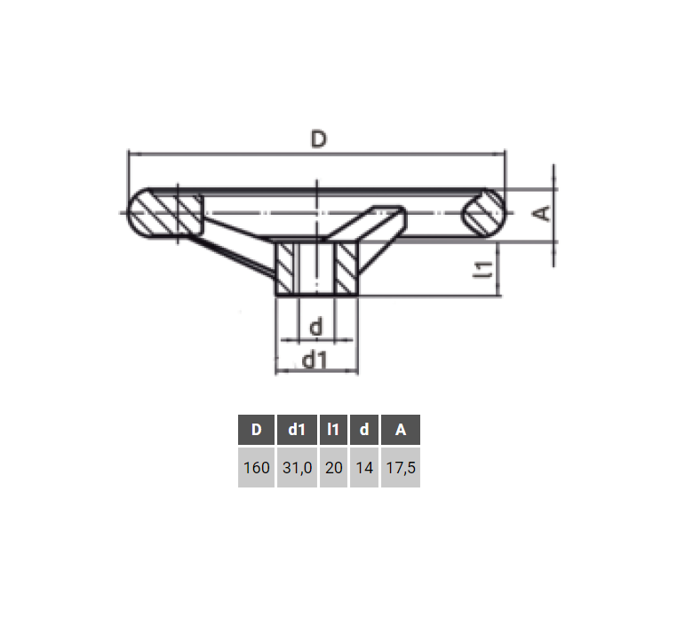 Handwheel, acid proof stainless steel, D=160mm, hole diameter=14mm
