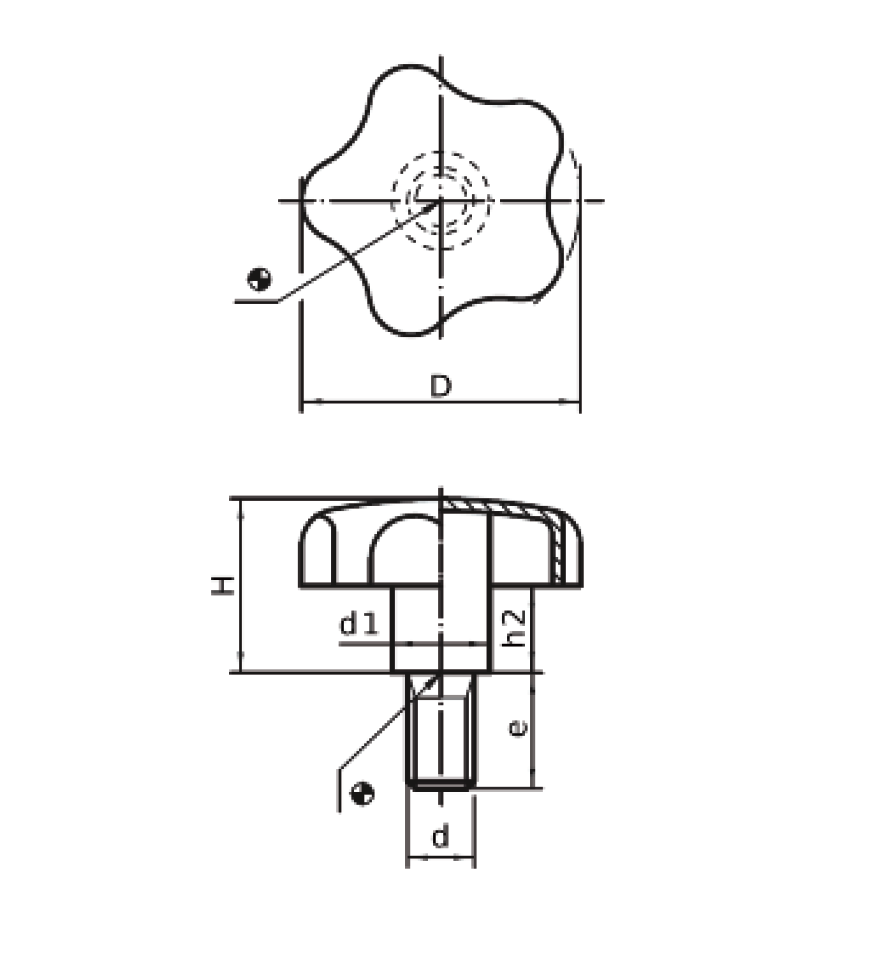 Star knob, stainless steel, male thread M12, D=60 mm, H=37,5mm