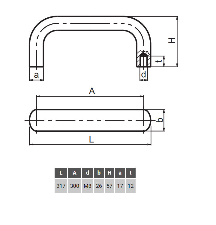 Bridge handle, aluminium, L=317, B=26, H=57