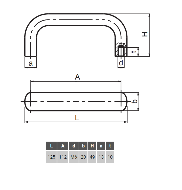 Bridge handle, stainless steel, L=125, B=20, H=49