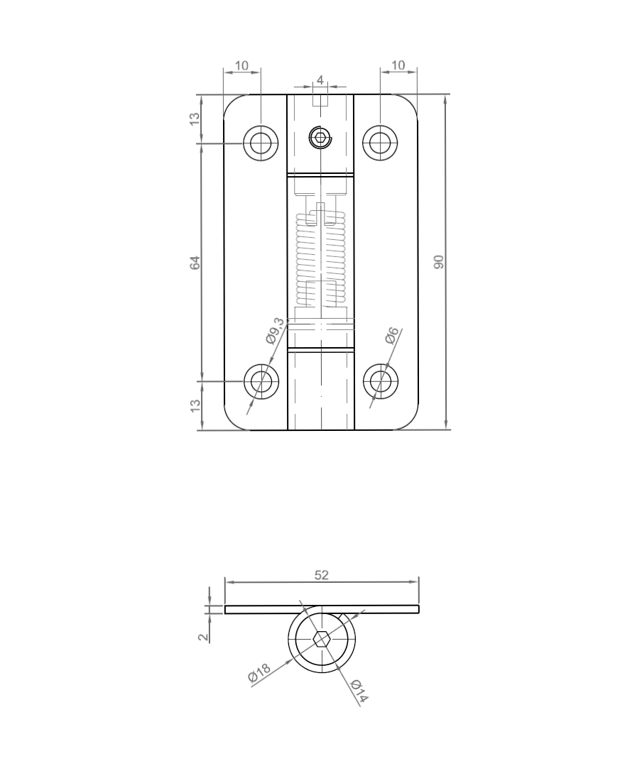 Spring hinge, stainless steel, both directions, adjustable, L=90, B=52, H=18