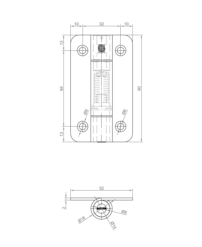 Spring hinge, steel, both directions, adjustable, L=90, B=52, H=18