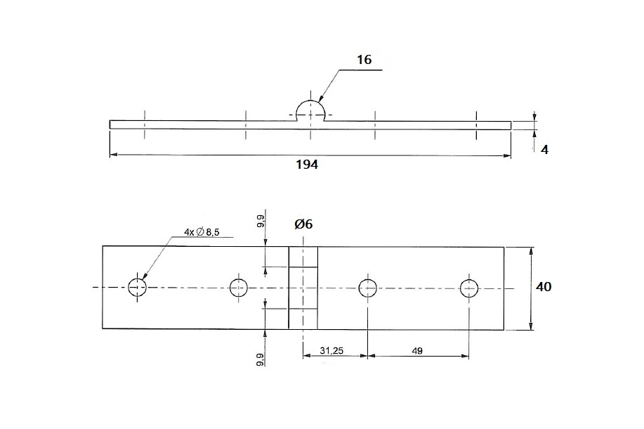 Butt hinge w/holes, stainless steel, L=40, B=194, T=4