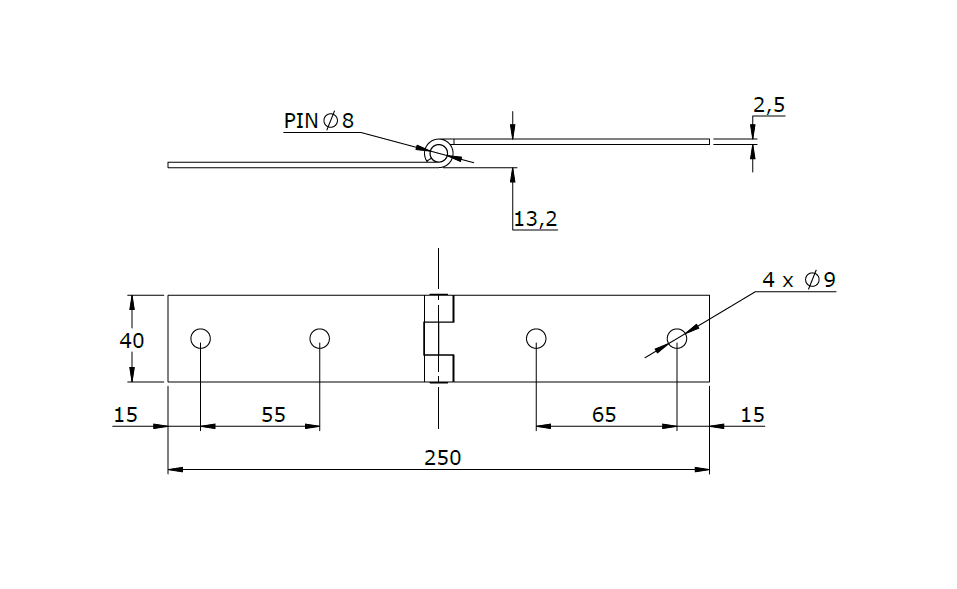 Butt hinge w/holes, stainless steel, L=40, B=250, T=2,5