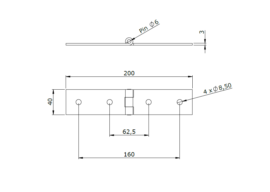 Butt hinge w/holes, stainless steel, L=40, B=200, T=3