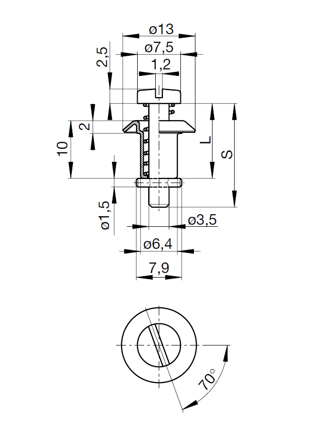 Locking bolt, steel, electro zinc plated and yellow chromated surface, shaft length=20,4mm, clamping width=3,75-4,5mm