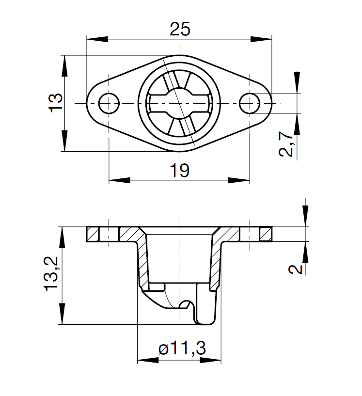 Bottom part, die-cast zinc, nickel-plated surface, thickness=2, height=13,2