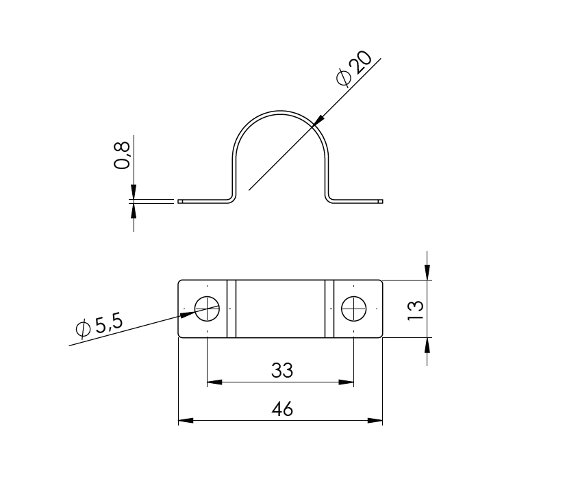 Cable clamp, acid proof stainless steel, two mounting flaps, D=20mm, H=20mm, L=46mm, B=13mm