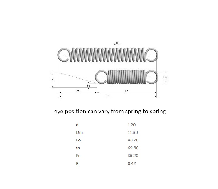 Extension spring, stainless steel, d=1,2mm, Dm=11,8mm, Lo=48,2mm