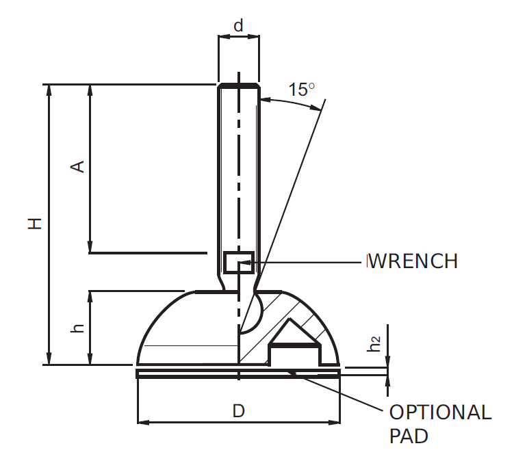 Levelling foot, stainless steel, tiltable threaded spindle, M10, base diameter = 40 mm