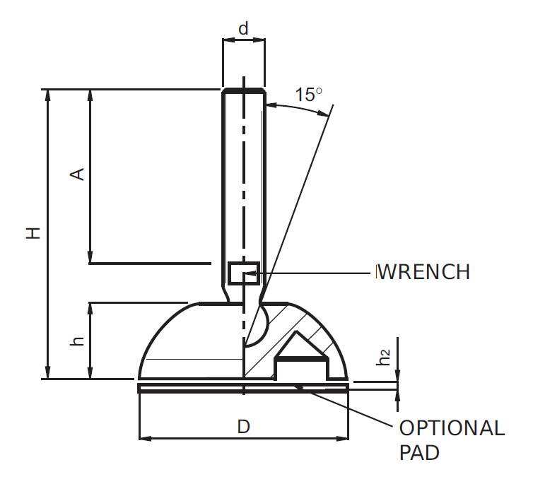 Levelling foot, stainless steel, tiltable threaded spindle, M10, base diameter = 50 mm