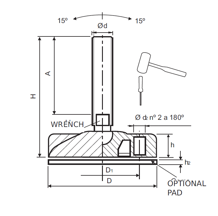 Levelling foot, stainless steel, tiltable threaded spindle, M10, base diameter = 80 mm