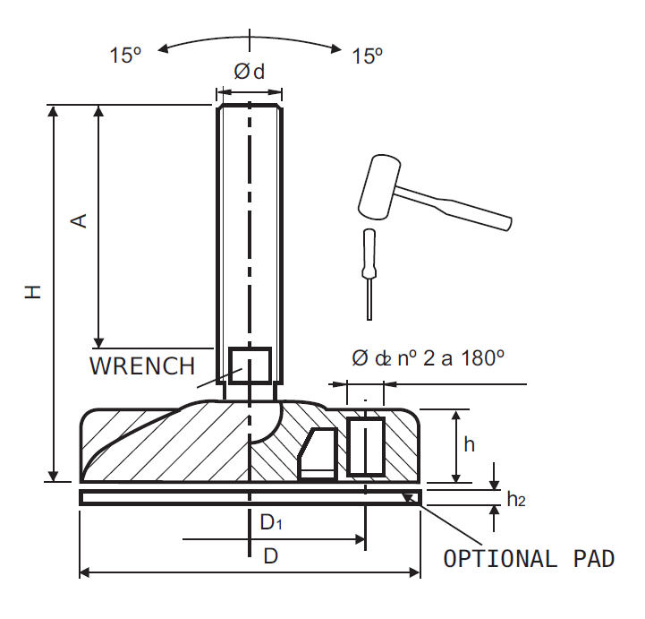 Levelling foot, steel, tiltable threaded spindle, M16, base diameter = 102 mm