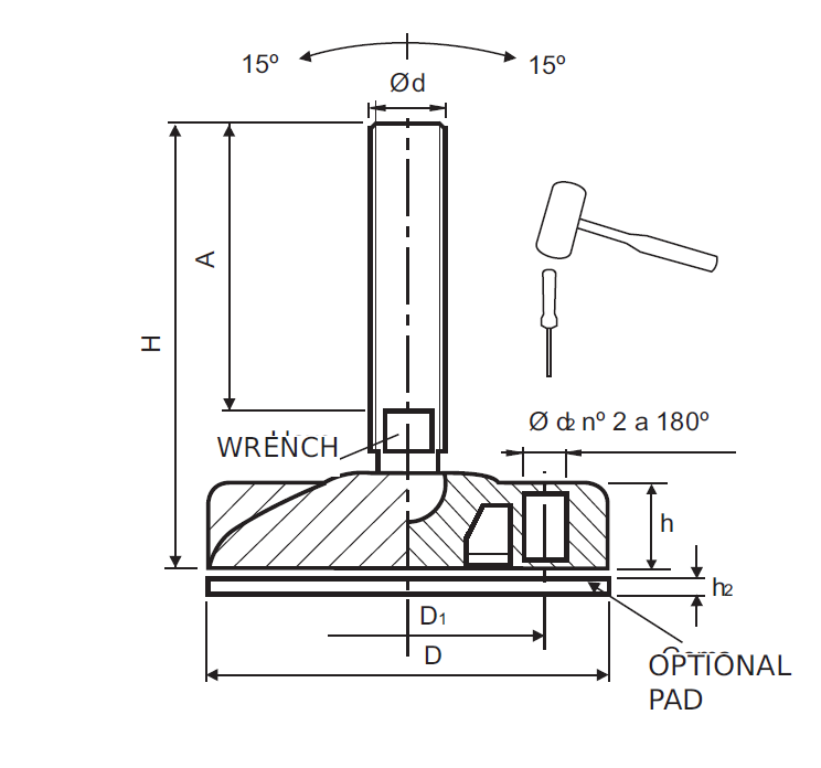 Levelling foot, stainless steel, tiltable threaded spindle, M16, base diameter = 102 mm