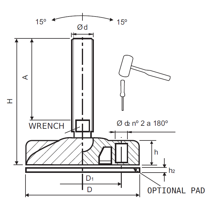 Levelling foot, steel, tiltable threaded spindle, M16, base diameter = 124 mm