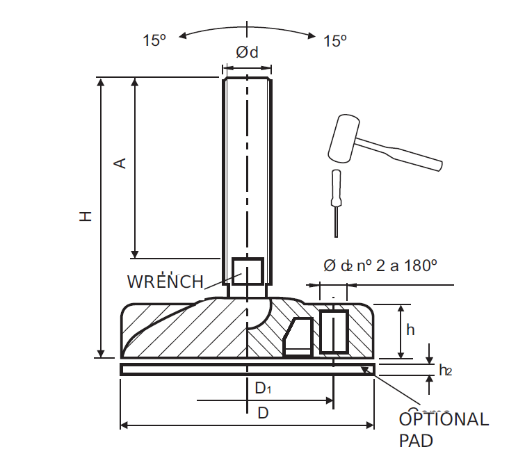 Levelling foot, stainless steel, tiltable threaded spindle, M16, base diameter = 124 mm
