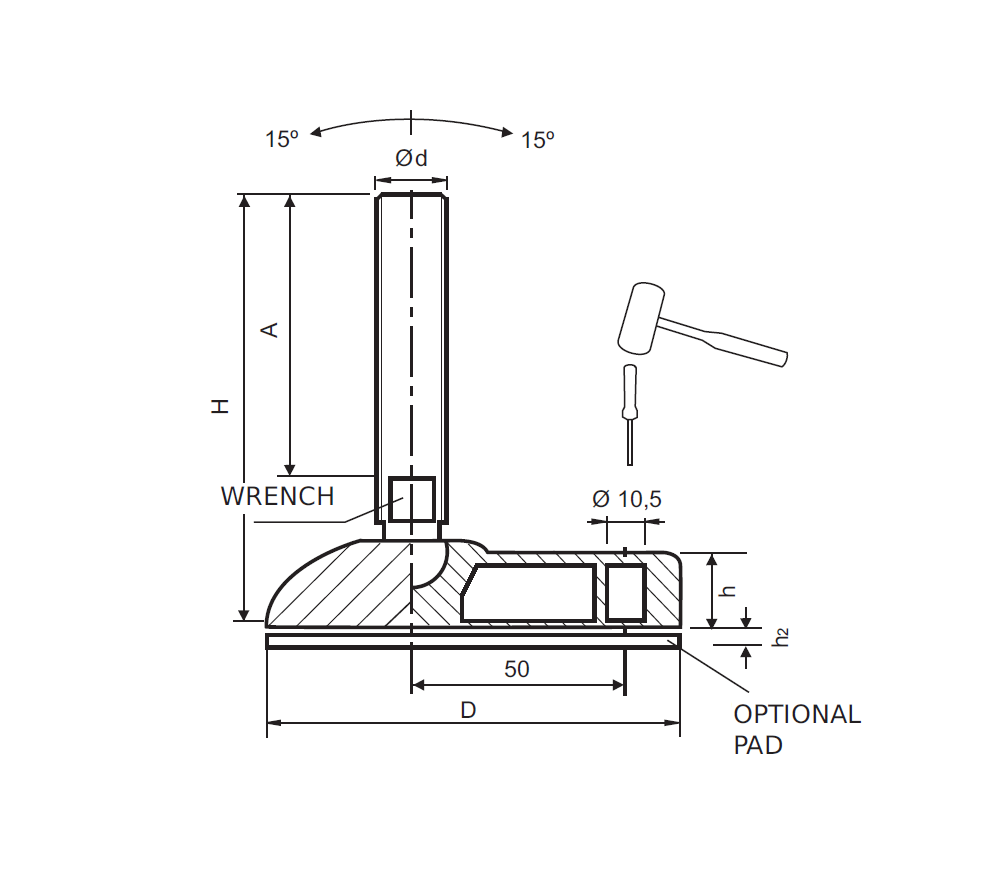 Levelling foot, stainless steel, tiltable threaded spindle, M10, base diameter = 95 mm