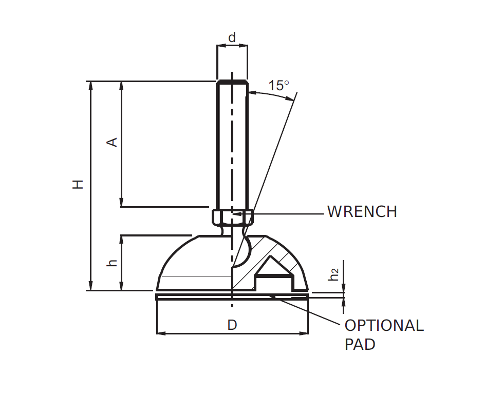 Levelling foot, glass fiber reinforced polyamide, tiltable threaded spindle, M16, base diameter = 60 mm