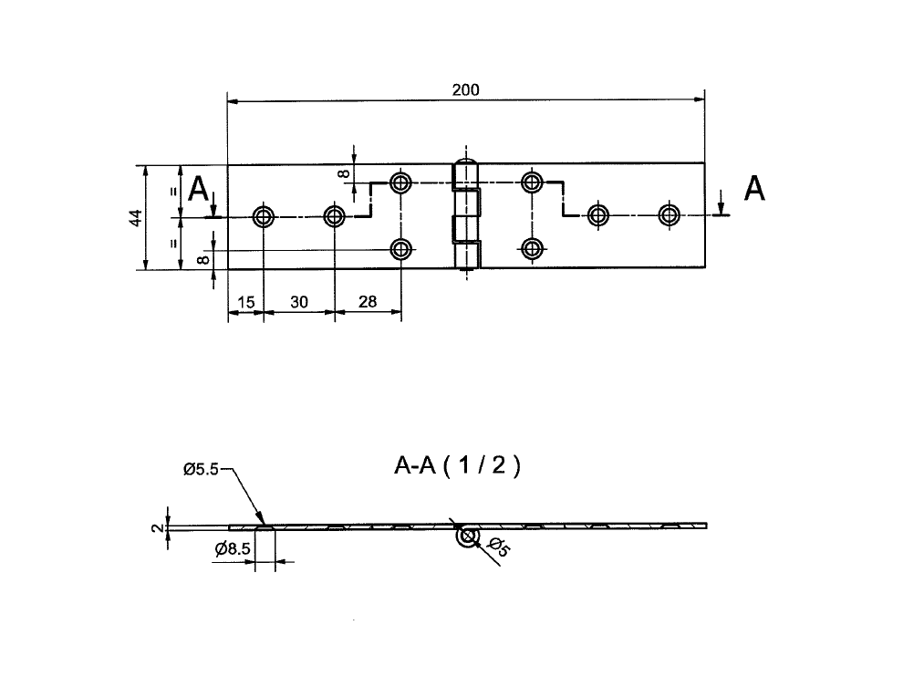 Butt hinge w/holes, steel, L=44, B=200, T=2