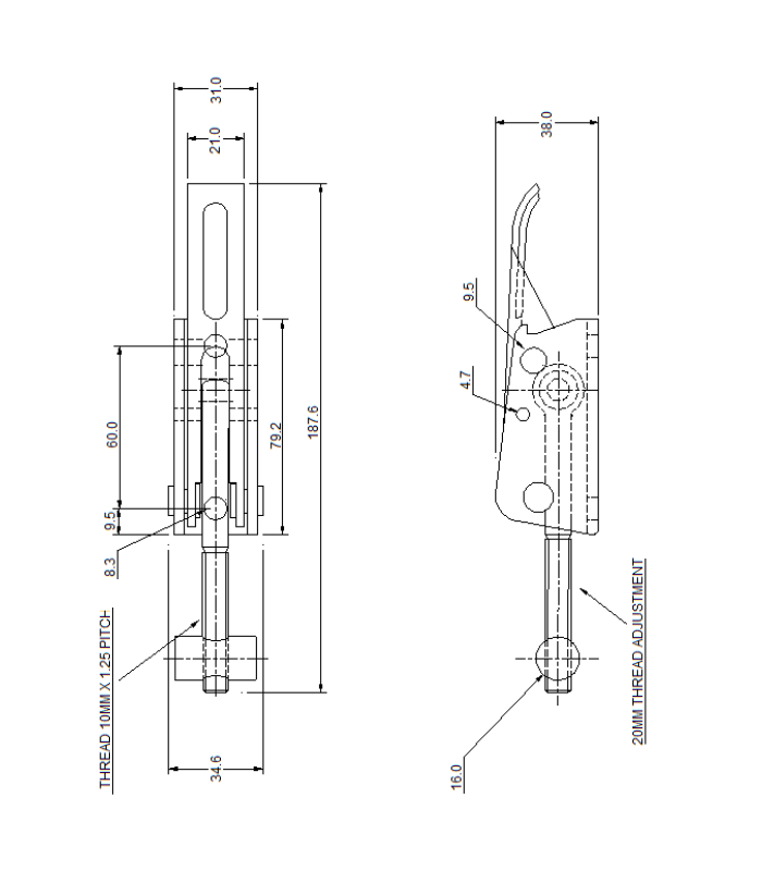 Toggle latch, stainless steel, L=187,6, B=34,6, H=38, adjustable