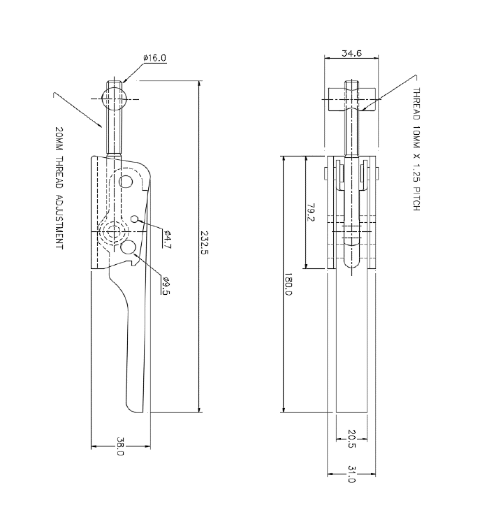 Toggle latch, steel, L=232,5, B=34,6, H=38, adjustable