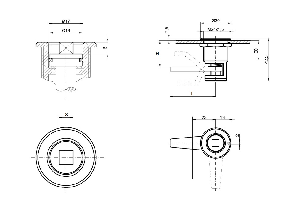 Compression latch, insert 360°+, brass, Square 8, stroke=7mm, hole distance=9-16mm adjustable
