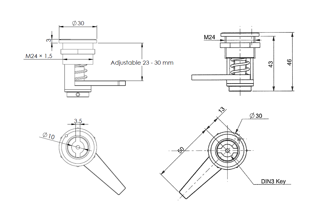 Compression latch, insert 360°+, acid proof stainless steel, Double bit 3, stroke=7mm, hole distance=23-30mm adjustable