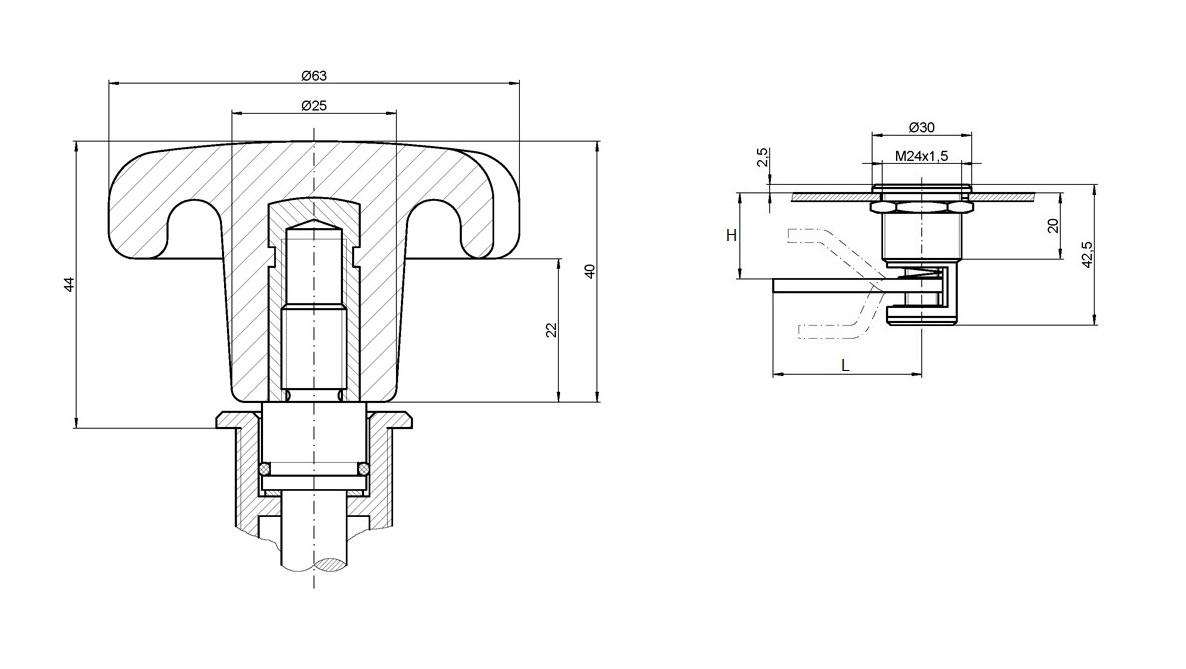 Compression latch, handle 360°+, brass, Star knob, stroke=7mm, hole distance=23-30mm adjustable