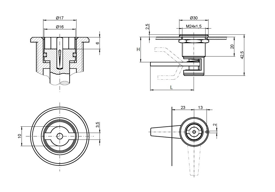 Compression latch, insert 360°+, brass, Double bit 3, stroke=7mm, hole distance=29-36mm adjustable
