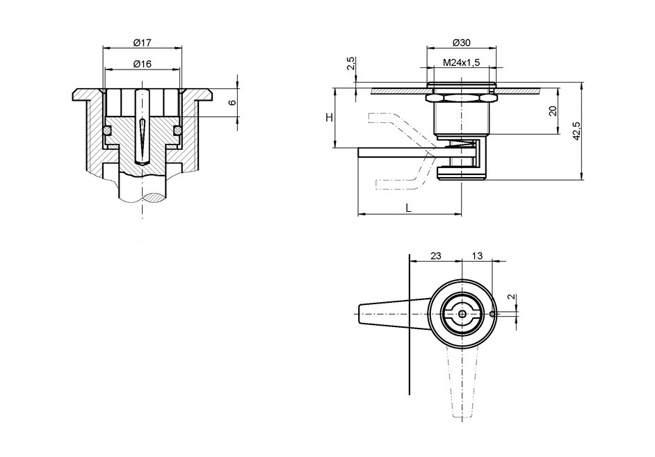 Compression latch, insert 360°+, brass, Double bit 5, stroke=7mm, hole distance=29-36mm adjustable
