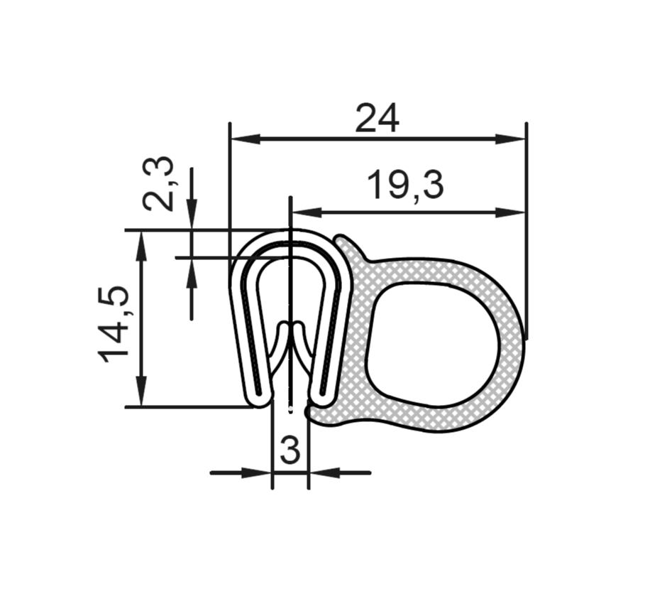 Edge profile w/side bulb, black PVC, clamping width = 1 - 4mm