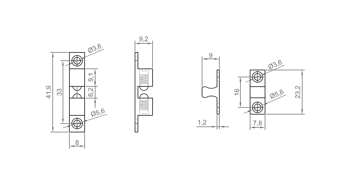 Tension catch, brass, screw mounting, length=43, width=8, height=9,5