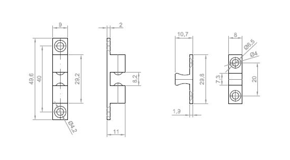 Tension catch, brass, screw mounting, length=49,6, width=9, height=11