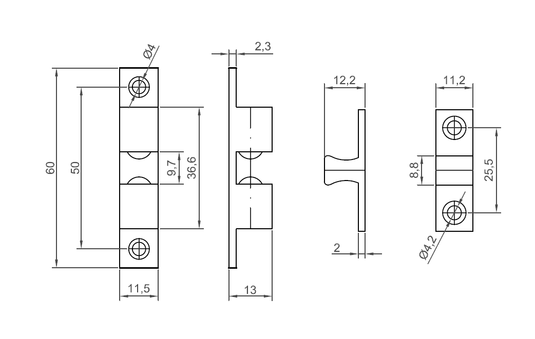 Tension catch, brass, screw mounting, length=60, width=11,5, height=13