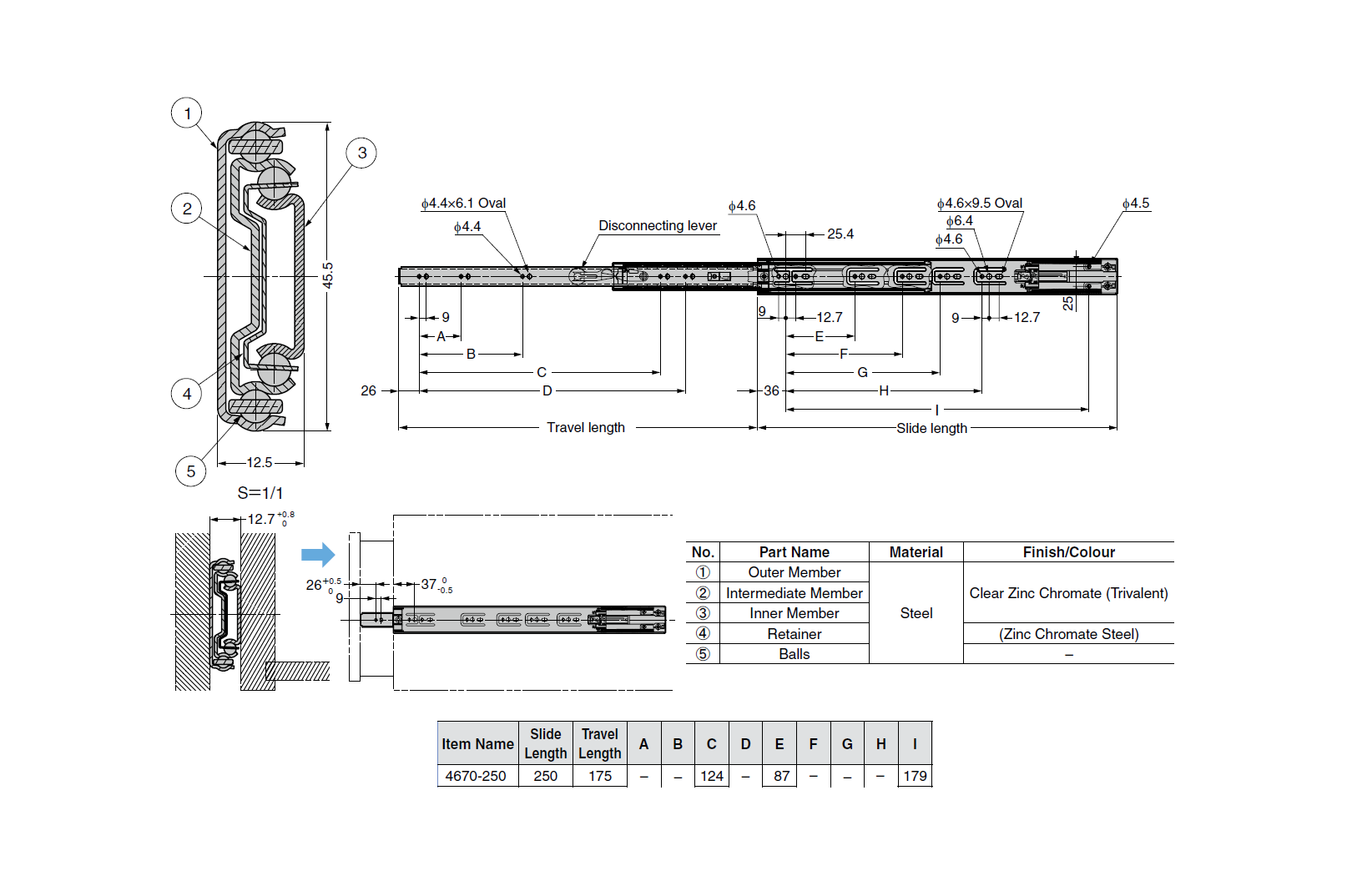 Drawer Slide, steel, extension lenght  =175 mm and load capacity of 15 kg
