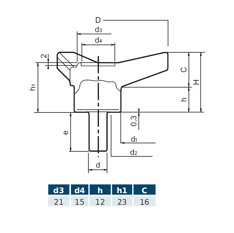 Star Knob, glass fiber reinforced polyamide, male thread M8, D=65 mm, H=28mm
