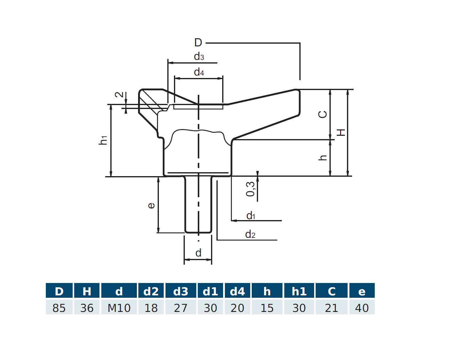 Star knob, glass fiber reinforced polyamide, male thread M10, D=85 mm, H=36mm