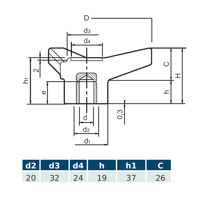 Star Knob, glass fiber reinforced polyamide, female thread M12, D=105 mm, H=45mm