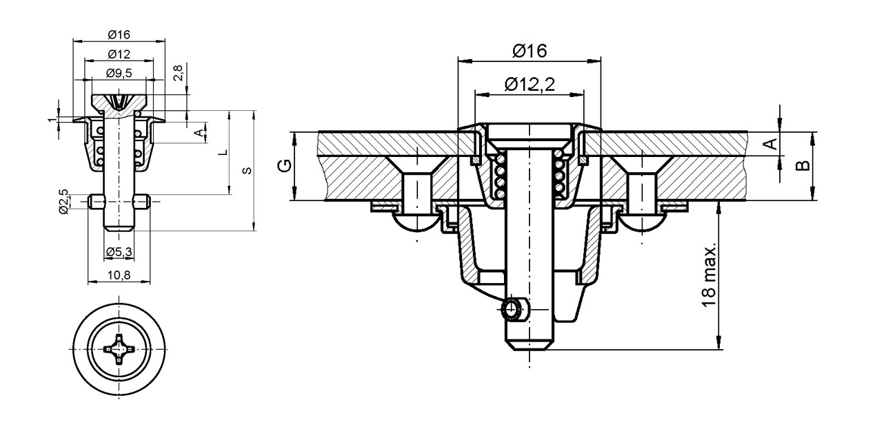 Locking bolt, steel, electro zinc plated and yellow chromated surface, shaft length=24,65mm, clamping width=7,75-9,25mm