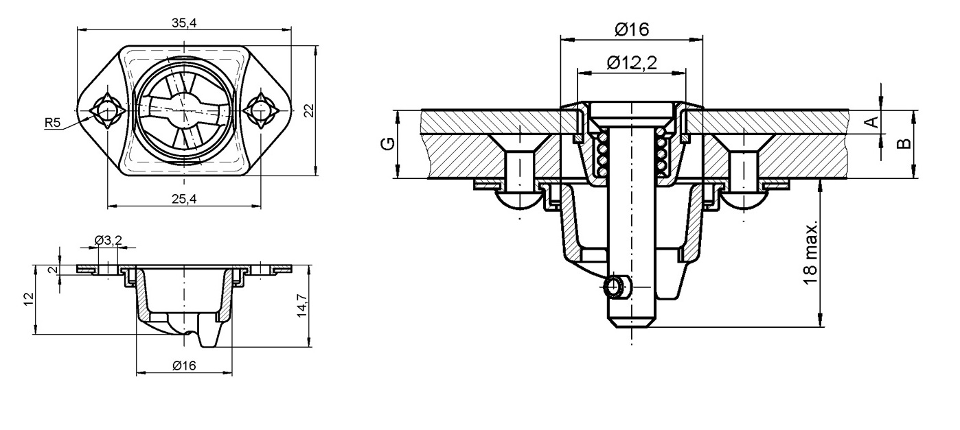 Bottom part, die-cast zinc, nickel-plated surface, thickness=2, height=14,7