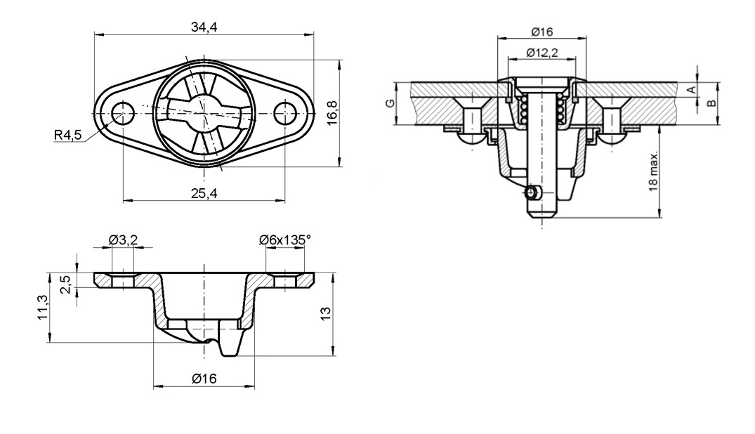 Bottom part, brass, electro zinc plated and yellow chromated surface, thickness=2,5, height=13
