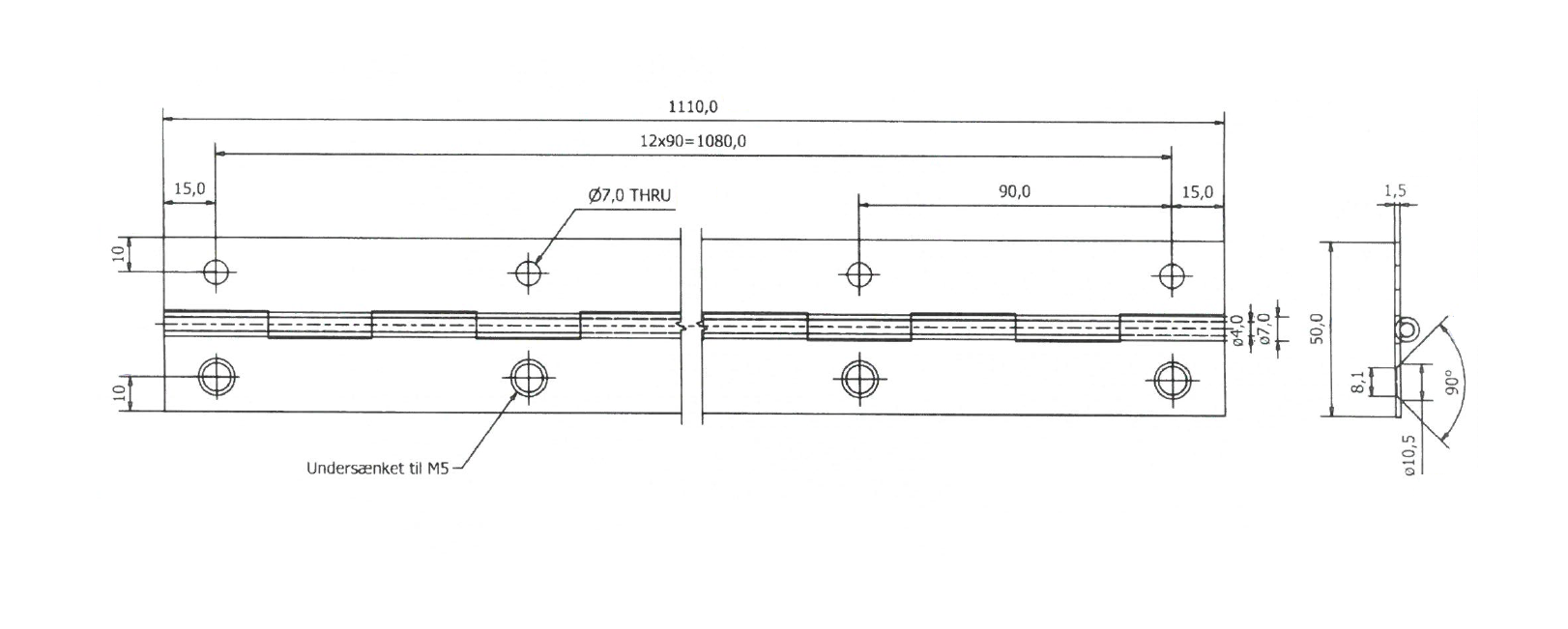 Piano hinge w/holes, stainless steel, L=1110, B=50, T=1,5
