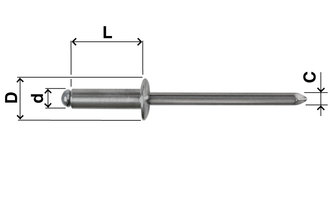 Blind rivet, open, dome head, steel, D=4,8, L=12, clamping range, min.=6 Blind rivet, open, dome head, steel, D=4,8, L=12, clamping range, min.=6