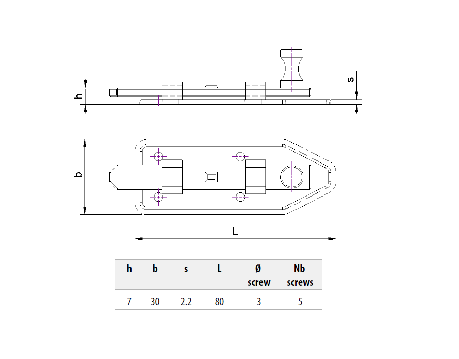 Sliding bolt, steel, screw mounting, length=80, width=30, height=7
