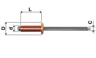 Blind rivet, open, dome head, copper, D=4, L=11, clamping range, min.=5,5