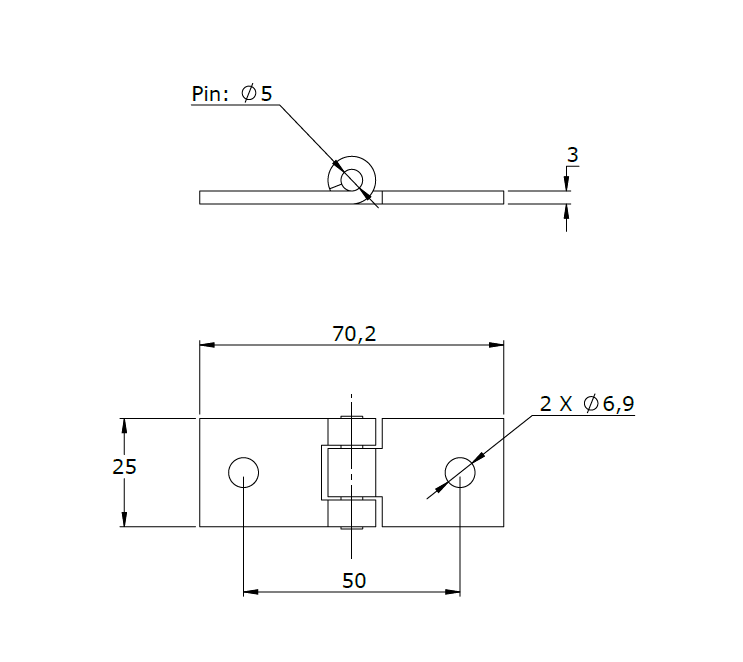 Butt hinge w/holes, steel, L=25, B=70, T=3