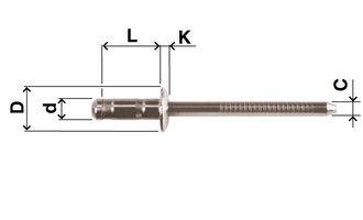 Blind rivet, tamp, dome head, steel, D=4,8, L=9, clamping range, min.=1,5